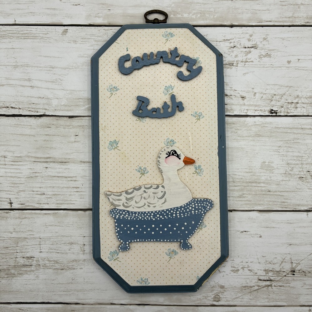 Vintage Style Country Bath Wall Plaque Decor Goose in Bathtub Handmade Wood Sign